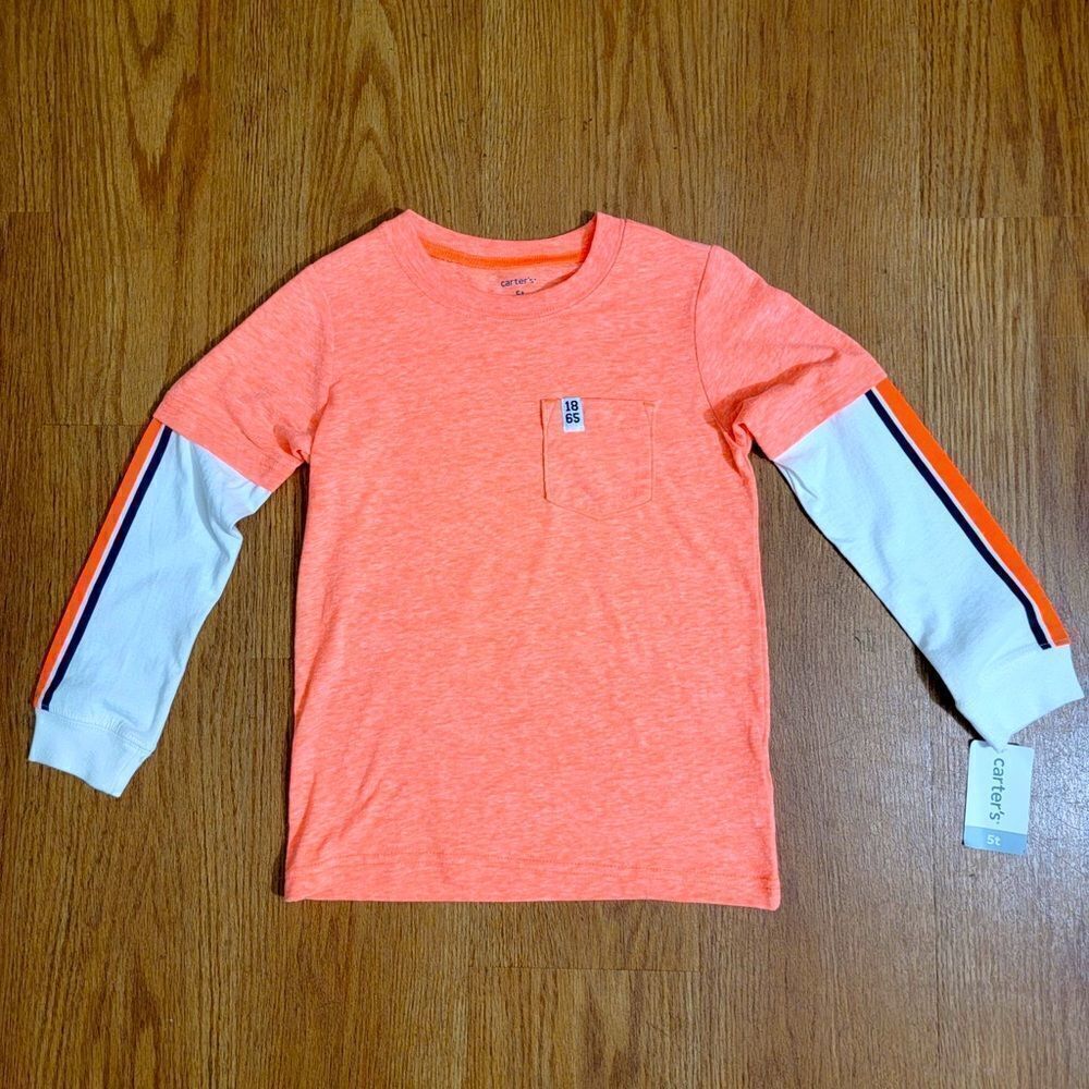 Carter's Long Sleeve Boys T Shirt Neon Orange White Navy Blue Size 5 Brand New